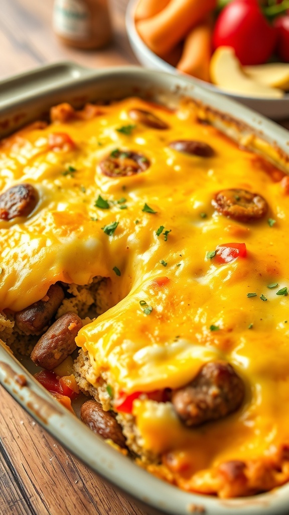 A cheesy breakfast casserole with sausage, bell peppers, and eggs, served in a baking dish with a slice cut out.